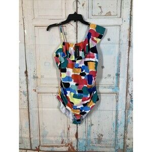 Tempt Me Women One Piece Swimsuit One Shoulder Ruffle Size XXL Color Block